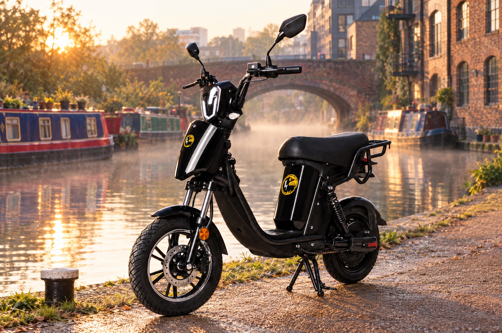 HawkTech e-bike on the Regent's Canal towpath at sunrise with narrowboats
